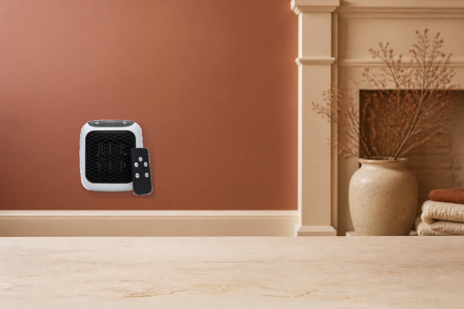 VelaWarm compact heater presented with its remote
